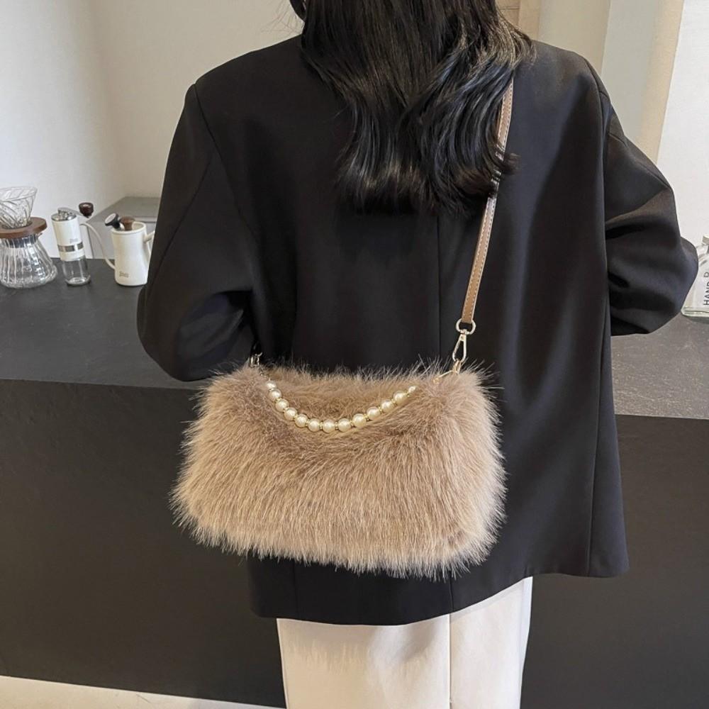 Fashi Faux Fur Shoulder Bag Soft Fluffy Plush Handbag Zipper Solid Color Crossbody Bag