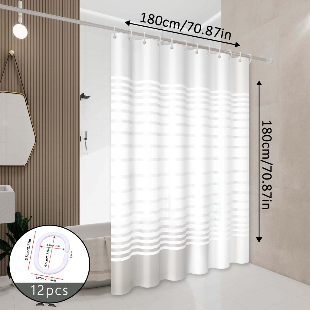 White Striped Shower Curtain with Horizontal Line Design, Simple and Refreshing Style, Shower Partition Curtain