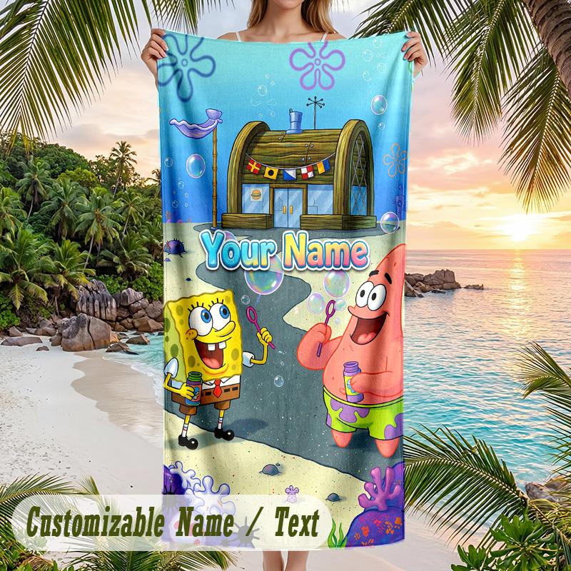 SpongeBob Beach Towel, Personalized Custom Text, Quick Dry Soft Large Towel For Swimming Pool Travel