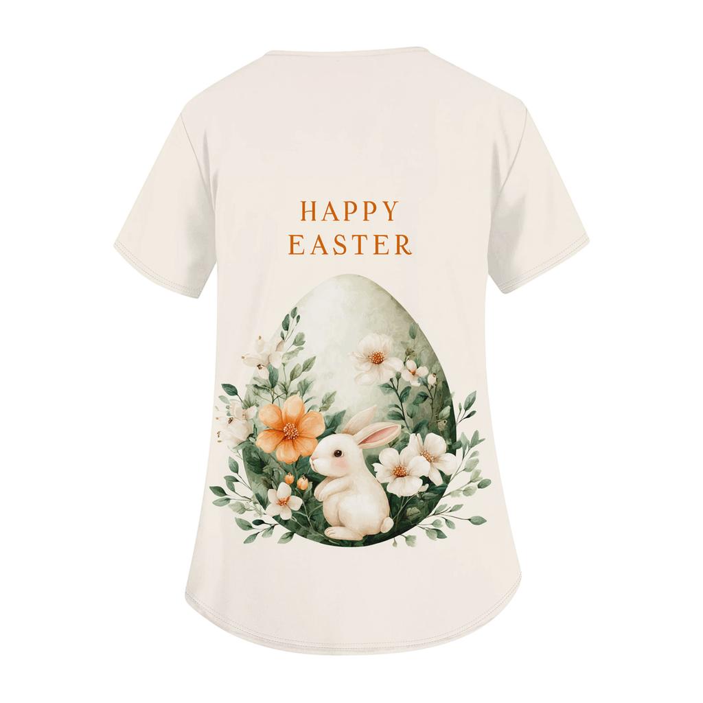 Women's Fashionable V-neck Short-sleeved Work Top With Double Side Slits And Pockets, Featuring Easter Bunny And Egg Prints.
