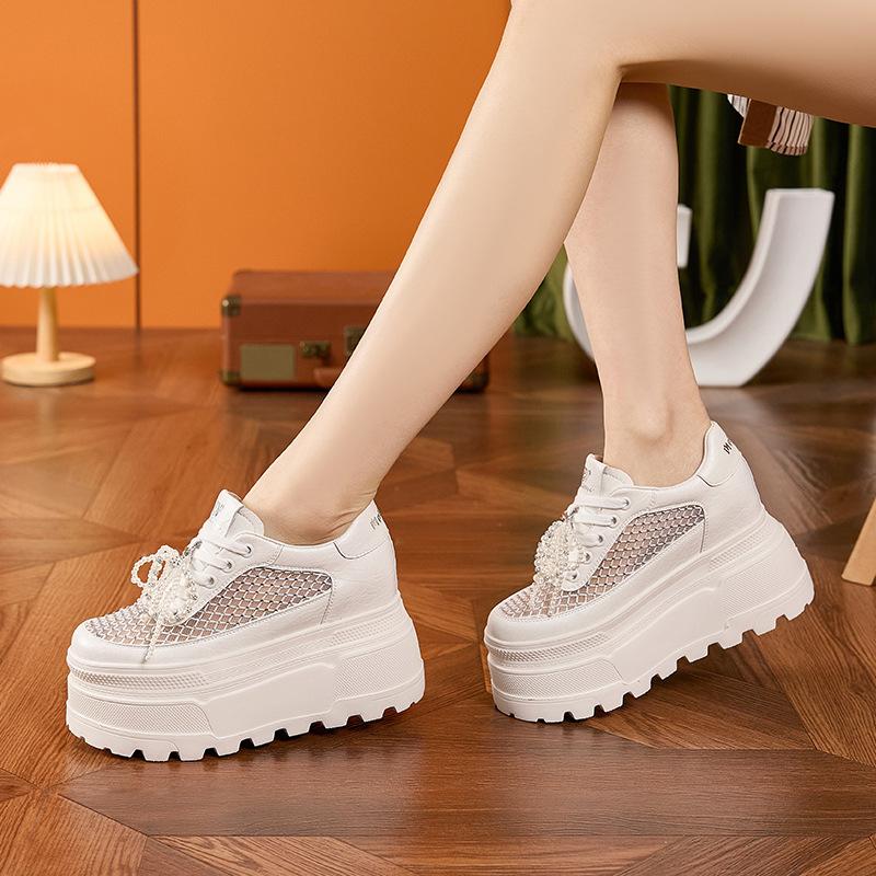 Little White Shoes Women's 2025 New Summer Rhinestone Thick-soled Hollow Mesh Sandals Versatile Breathable Inner Height-increasing Women's Shoes