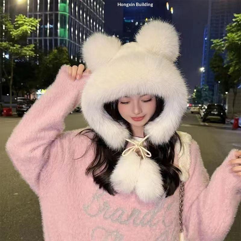 1Pcs Thicken And Warm Ear Protection Wind And Snow Hat Plush Little Bear Lei Feng Hat Winter New Women'S Plush Cute Bear Ear Hat