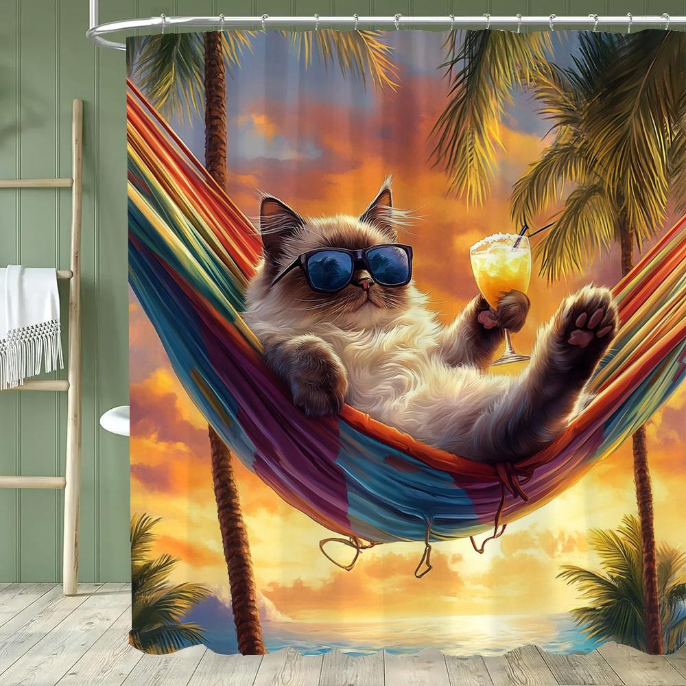 1pc Funny and Creative Surfing Cat and Dog Shower Curtain,Cartoon Bathroom Curtain,Home Polyester Decoration Curtain With Hooks