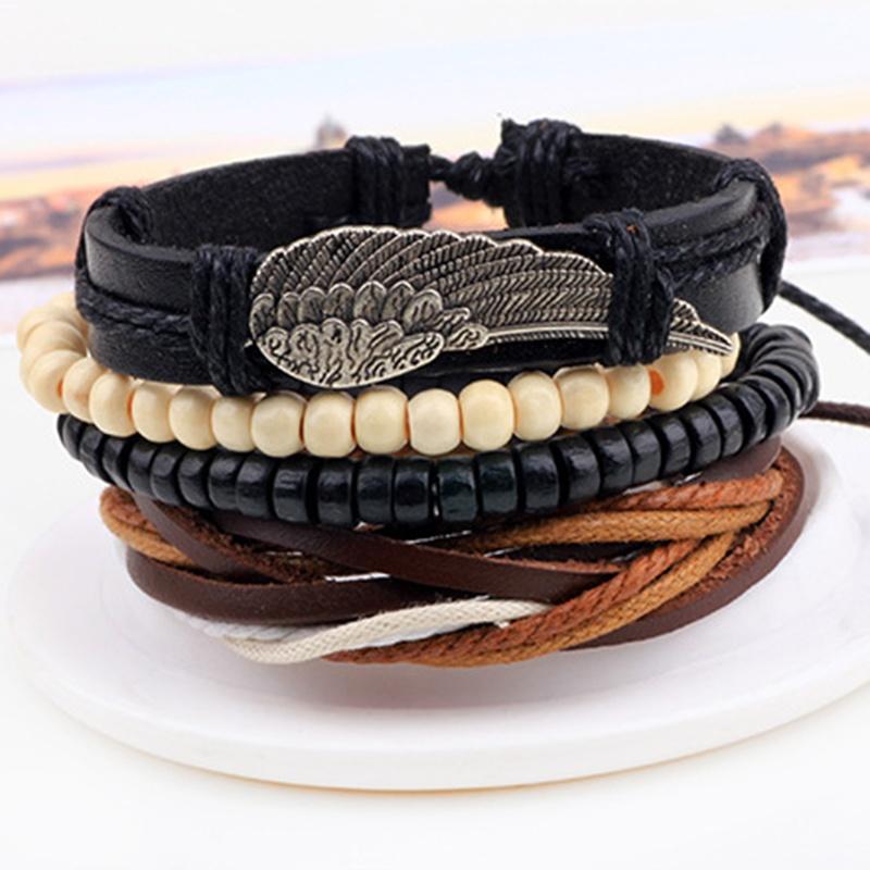4pcs Punk Braided Adjustable Leather Bracelets Men For Women Cuff Vintage Jewelry