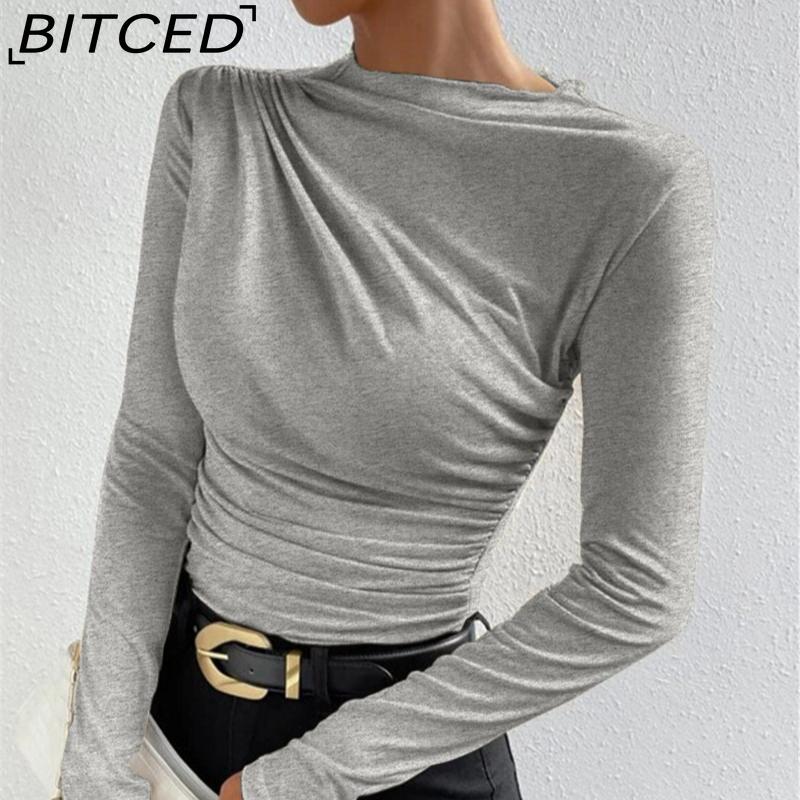 BITCED Solid-colour Fitted Base Layer Top Versatile Pleated Detailing Long-sleeved T-shirt Women's Blouse