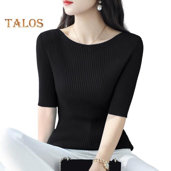 Women Tops Slim Fit Solid Color Ribbed T-Shirt Round Neck Half Sleeve Elastic Pullover Tops Daily Wear