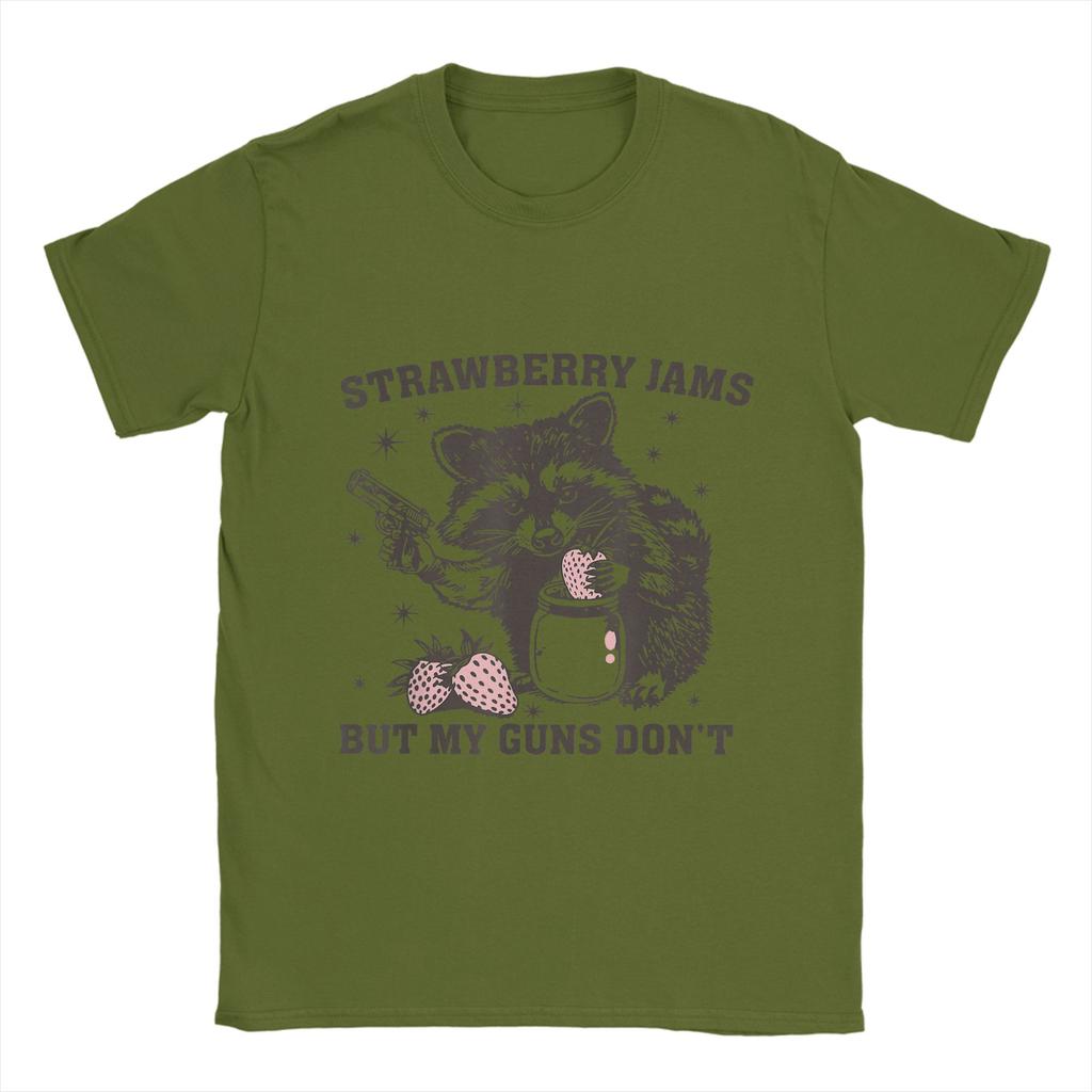 Men Strawberry Jams But My Don't Funny Raccoon T Shirt  100% Cotton Tops Leisure Short Sleeve Crewneck Tees Plus Size T-Shirts