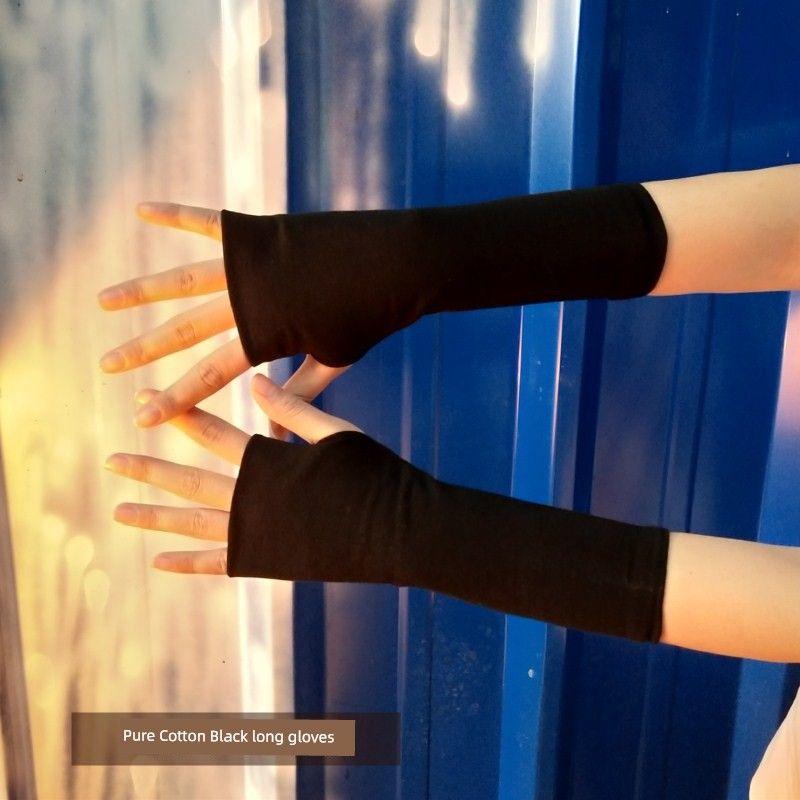 

Летние тонкие солнцезащитные перчатки без пальцев из чистого хлопка, женские с ремешком на руку, мужские для фитнеса, рукав для защиты рук, нарукавник, маскировка шрамов, татуировка CM black long gloves One size