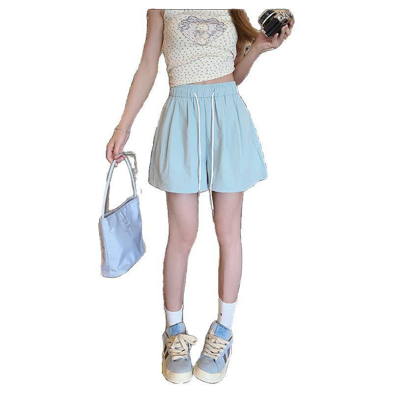 Women's High Waist Drawstring Blue Shorts - Summer Casual, Slimming Wide-Leg for Middle School Students