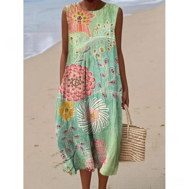European and American New Summer Flower Ocean Printing European Size Round Neck Sleeveless Long Dress Creative Loose Dress