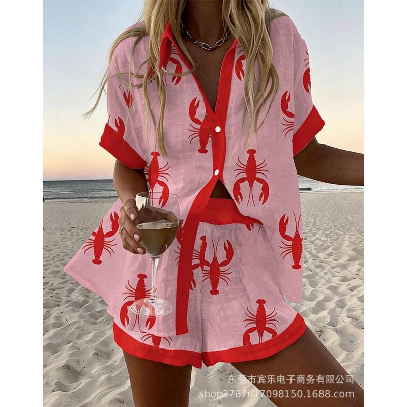 Conjunto de pantalones cortos de playa y camisa de manga corta para mujer, multicolor, vida marina, ocio, vacaciones, conjunto de dos piezas