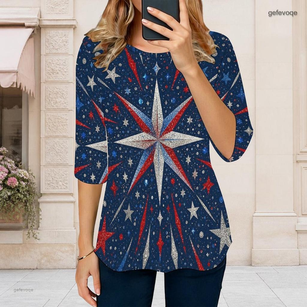 Damski T-shirt w dużym rozmiarze, z okrągłym dekoltem, rękawem 3/4, nadrukiem gwieździstego nieba, w kolorze granatowym, z zaokrąglonym dołem