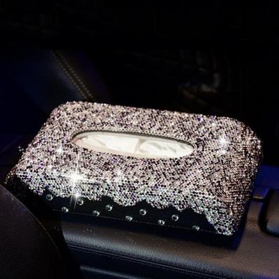 Błyszczący diamentowy kryształ CarTissue Box Storage Paper Towel PU Leather Black Uchwyt na chusteczki Ręczniki Pokrowiec na pudełko na chusteczki Stylizacja samochodowa