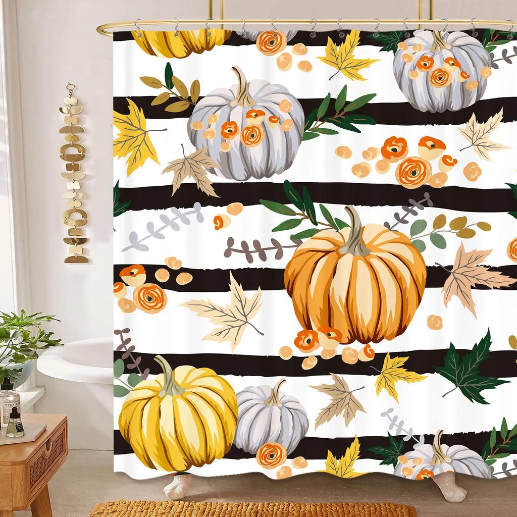 Autumn Fall Shower Curtains Brown with Thanksgiving Harvest Pumpkin Bathroom Curtain for Halloween Party Home Decor with Hooks