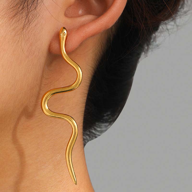 Stainless Steel Gold Color Snake Shaped Pendant Earrings For Women Fashion Metal Curved Wave Geometric Earrings Zircon 2026 New