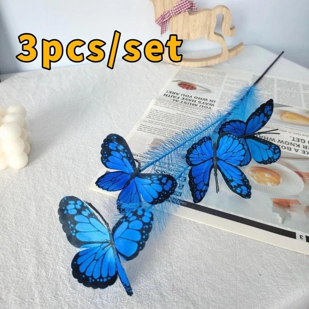 

3pcs/set Multi-Color Artificial Butterfly Reed Vivid Colors Lifelike Pampas Decorative Flowers Long Branch синий