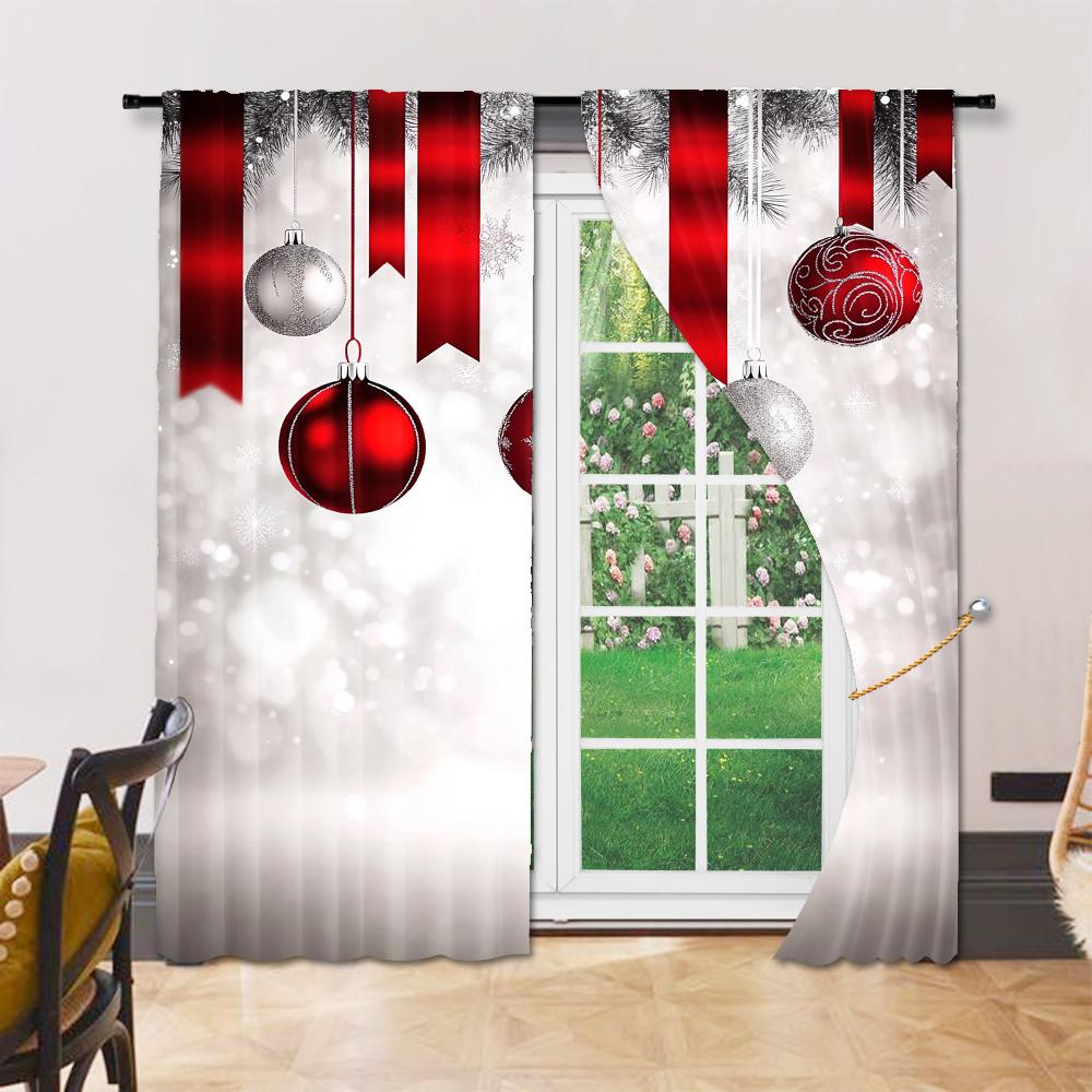 Christmas Theme Window Curtain Digital Printed Drape Festive Home Decor Design Easy Set Of 2 Made Polyester With Rod Pocket Washable