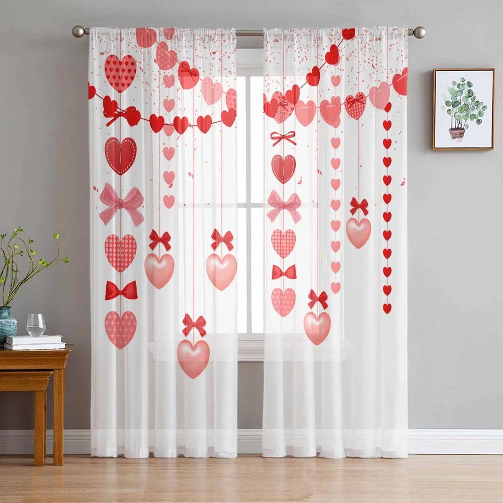 Valentine'S Day Pink Heart Sheer Drapes for Bedroom Living Room Decoration Window Curtain Kitchen Curtain Panels