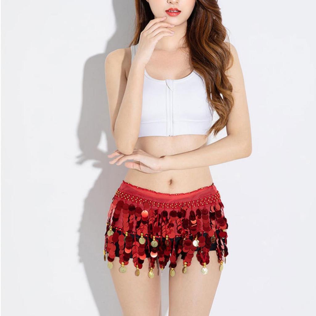 Belly Dance Color Sequin Film Gong Hip Scarf Skirt With Gold Coins For Women Belly Dancer Costume Chiffon