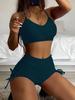Nouveau maillot de bain bikini couleur unie européen et américain pour femme sexy petite poitrine push-up taille haute angle plat cordon de serrage fendu conservateur