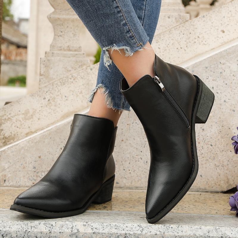 2025 New Autumn Women Ankle Boots Retro Style Pointed Toe Leather Boots Solid Short Barrel Chunky Heel Western Boots