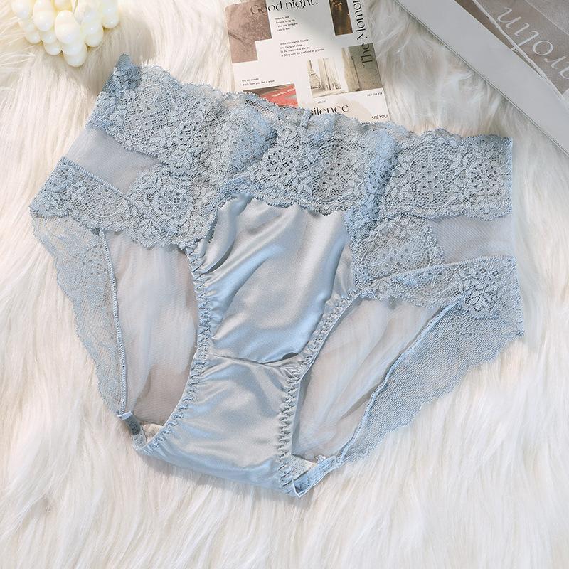 Women Satin Lace Patchwork Underwear Comfortable Panties Ladies Mid Waist Underpants Solid Color Briefs Female Lingerie