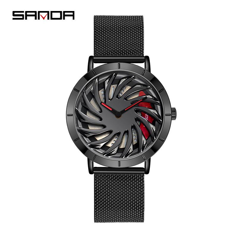 Sanda Men's Creative Rotating Quartz Wristwatch with Mesh Strap