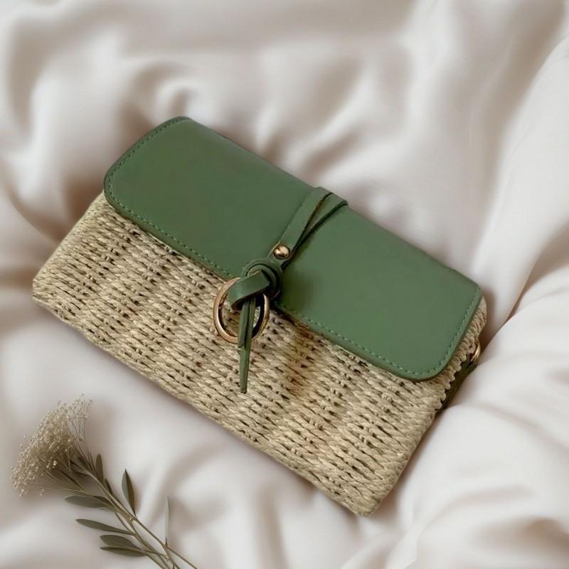 Round Button Straw Bag Paper Rope Slung One-shoulder Women s Beach Chain Leather Color