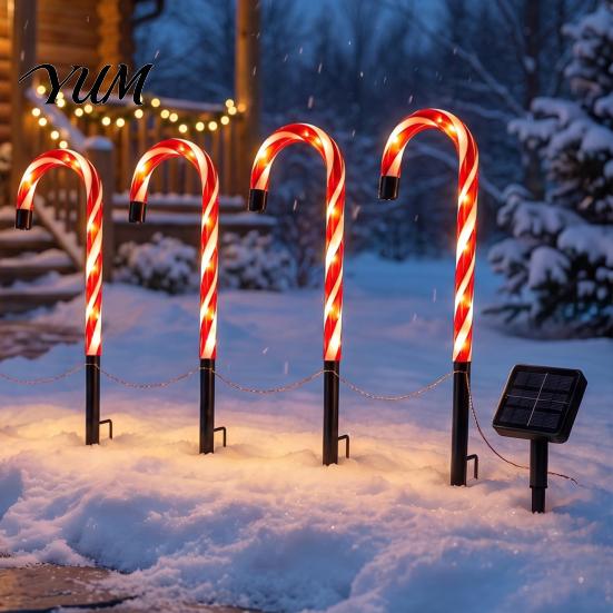 Holiday Yard Ornaments 4Pcs Solar Candy Cane Pathway Lights, Christmas Outdoor Stake Waterproof Garden Stakes Lights for Lawn Patio Decorations