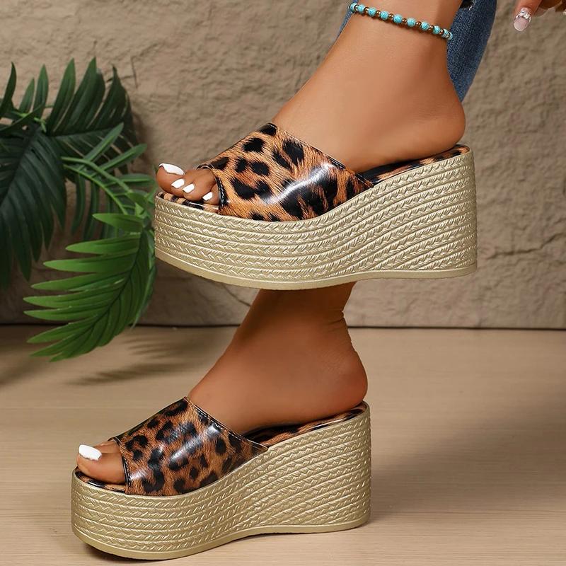 Sexy Gold Leopard Sandals Women Summer 2025 Chunky Platform Wedge Heels Slippers Shoes Woman Comfort Light Weight Outdoor Slides