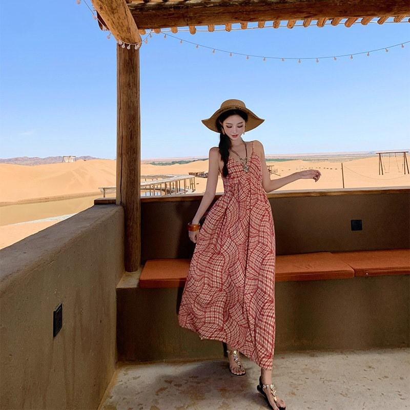 Bohemian Red Plaid Sleeveless Maxi Dress Women Beach Vacation Loose A-Line Strap