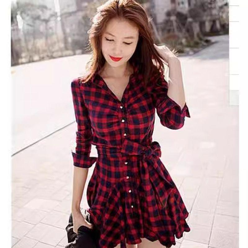 

Весна и Осень Новое Дизайнерское Чувство Маленькое Приталенное Женское Платье с Длинным Рукавом Красное в Клетку Платье-Рубашка, Облегающее Талию Red S