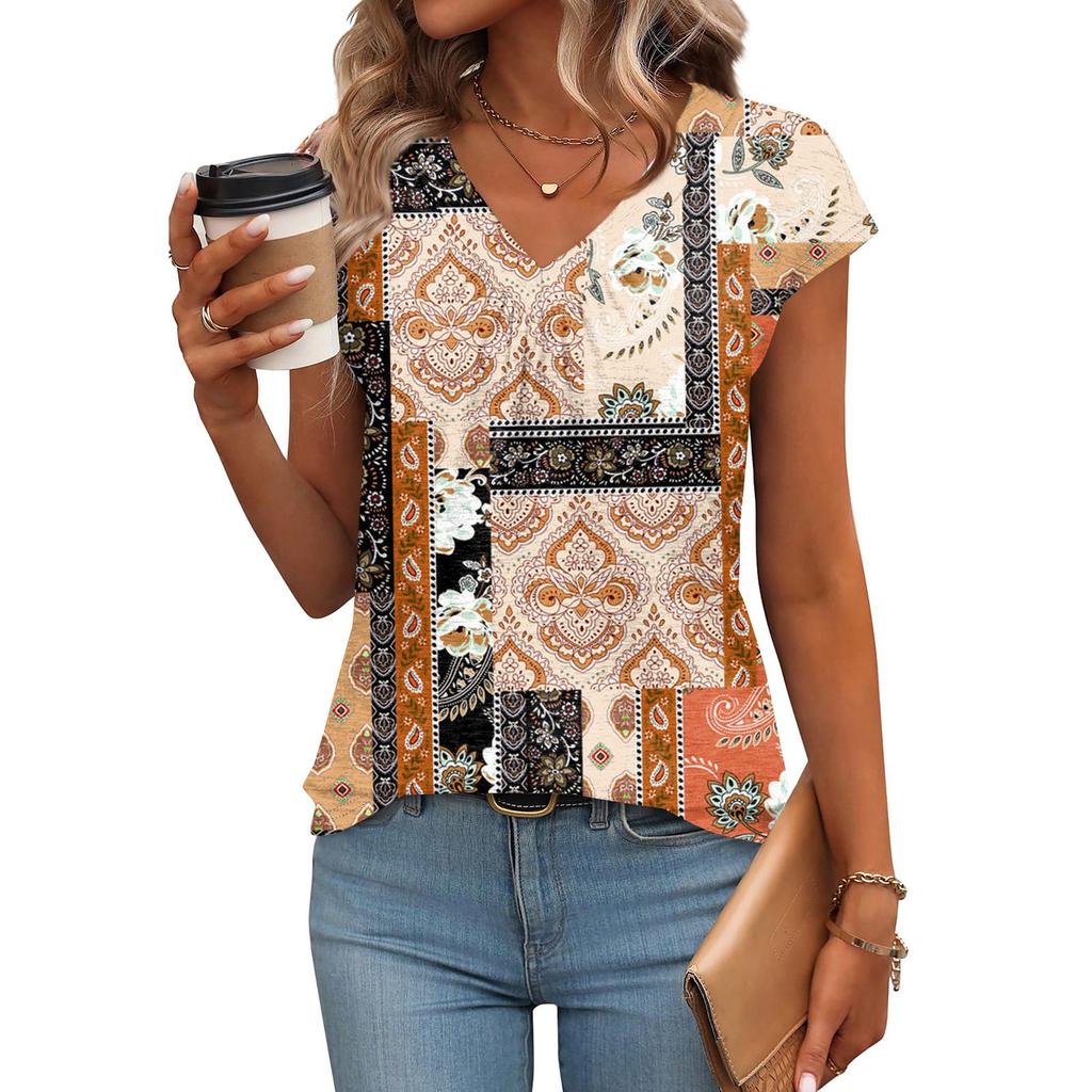 Women's Fashion V-neck Bohemian Print Short Sleeve Top