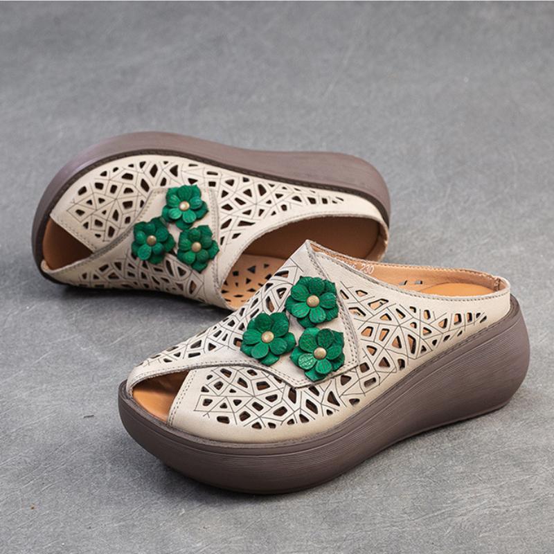 Johnature Дышащие тапочки с открытым носком в стиле ретро, повседневные универсальные женские туфли на танкетке из натуральной кожи