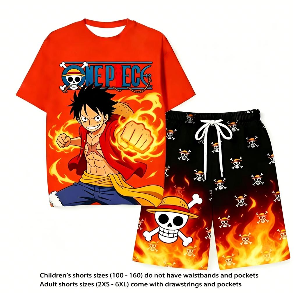 Anime One Piece Luffy Printed Short Sleeve T Shirt And Shorts Set Unisex Kids And Adults Casual Relaxed Indoor Loungewear Suit