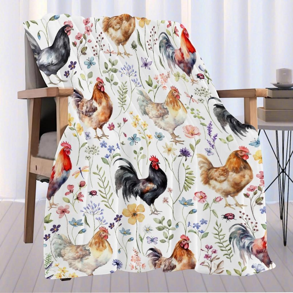 Soft Flannel Throw Blanket Watercolor Rooster Hen Wildflower Print Lightweight Cozy Sofa Bed Farm Home Decor