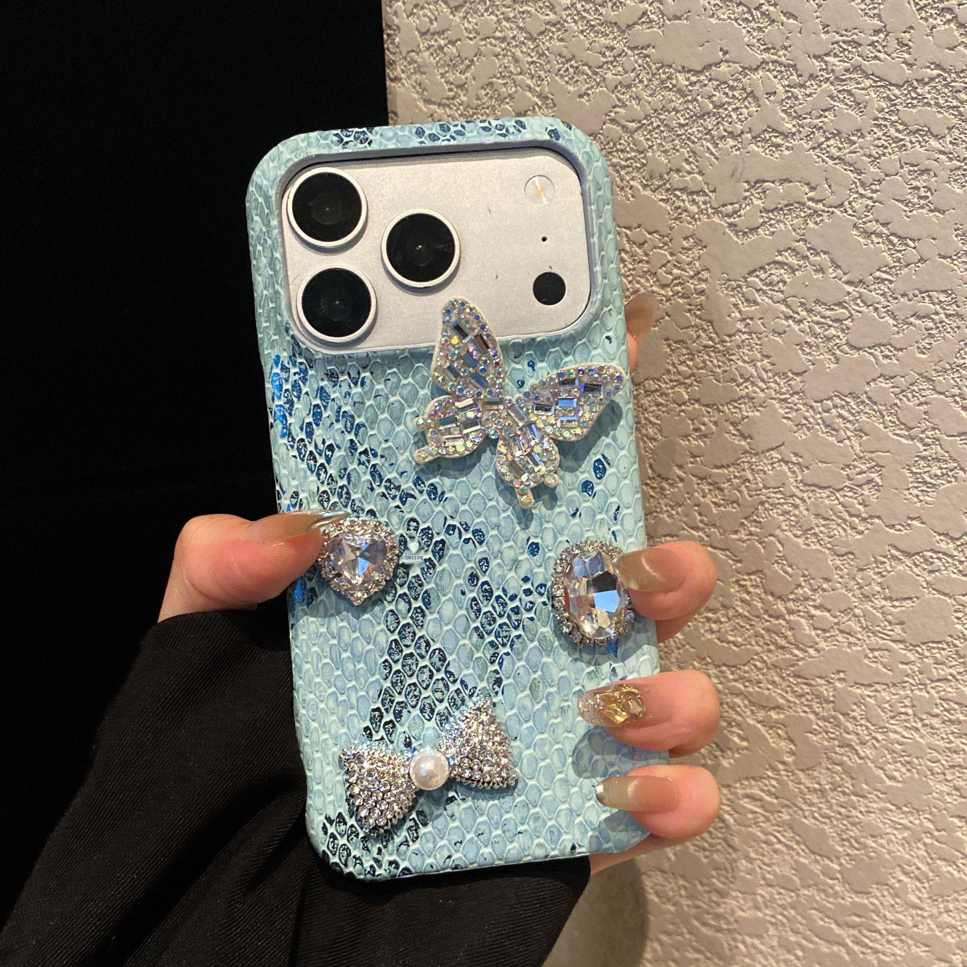 

Silver Beaded Gemstone Butterfly Phone Case for Apple 17 Promax: Drop-Proof, Half-Pack Design Fits 16/15/14/13/12. iPhone 17 Pro