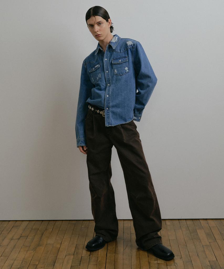 DUSTYWHITE Brown Dirty Washed Oxford Wide Tuck Pants