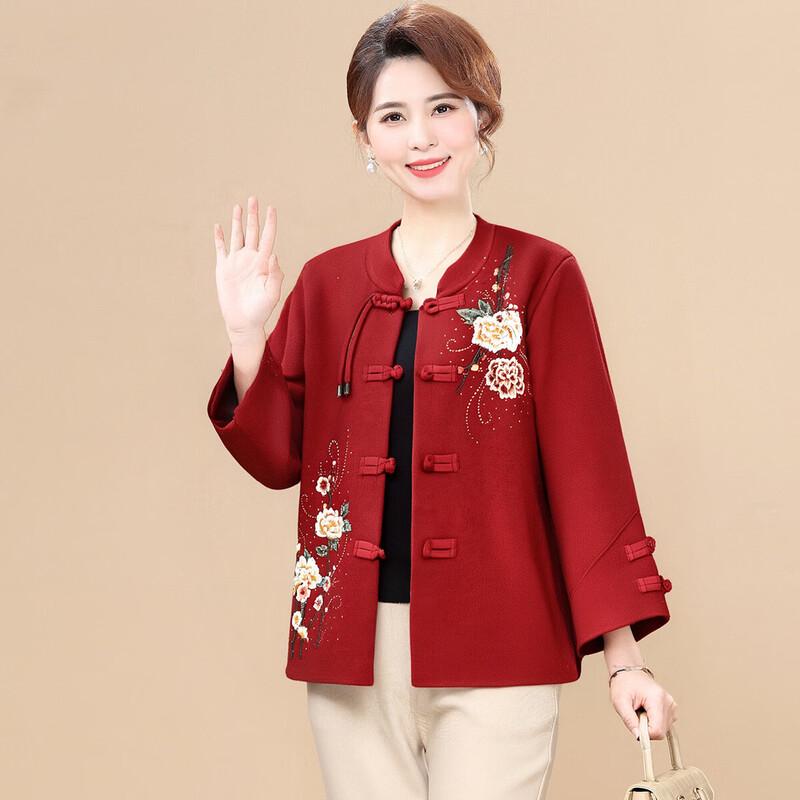 

XUEXI Women s New Chinese Style Embroidered Red Knitted Cardigan L
