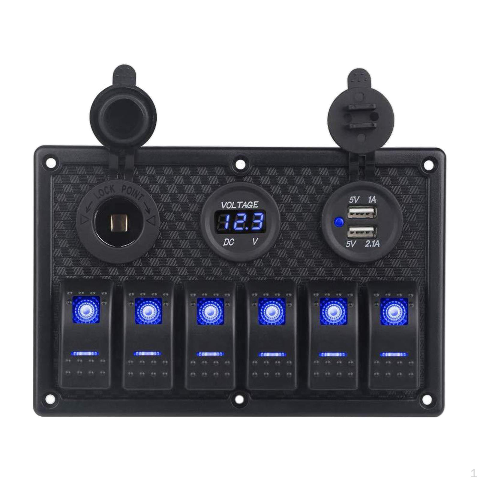 6 Gang Blue/Red LED Display Waterproof Rocker Switch Panel,Dual USB Slot Socket Panel for Blue Light
