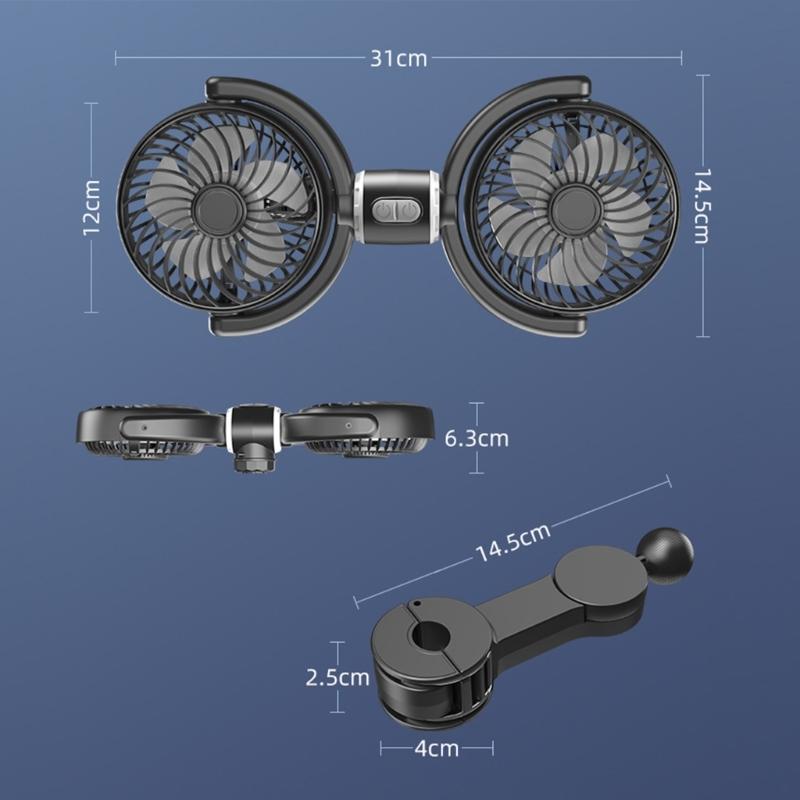 Two Head USB Car Fan for Back Seat 5V Foldable and Multiple Angle Rotation Headrest Ventilation Fan for Various Vehicles