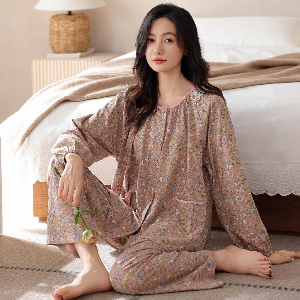 Women's pajamas pure cotton comfortable and simple thin spring and autumn cotton long-sleeved trousers cardigan loungewear can be worn outside set