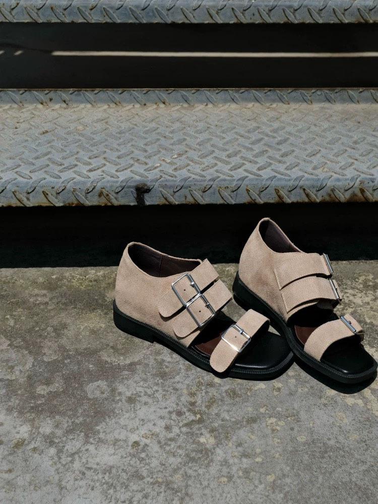 

Sheepskin version~ inner height increase 7cm open-toed sandals women s summer outer wear wedge heel belt buckle high heel retro Roman women s shoes 40