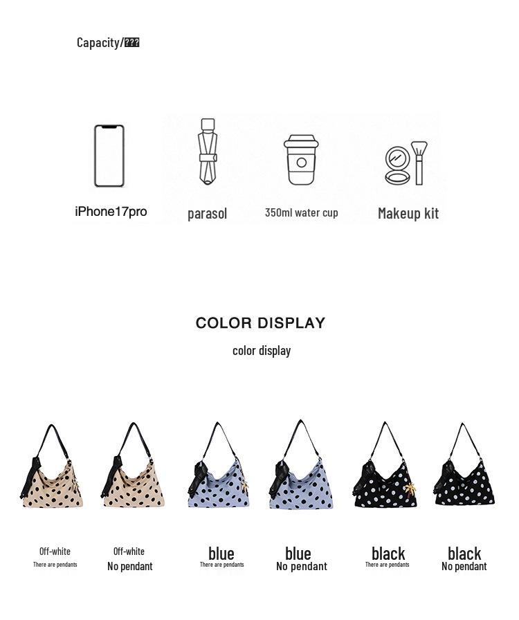 2026 Lightweight Versatile Polka Dot Bag for Women: Large Capacity Shoulder, Crossbody, or Hobo Style for Relaxed Commuting