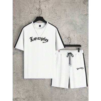 Street Trend Men's Suit Simple Letter Printed Flower Color Round Neck Short Sleeve Shorts Fashion Casual Two Piece Suit Clothing