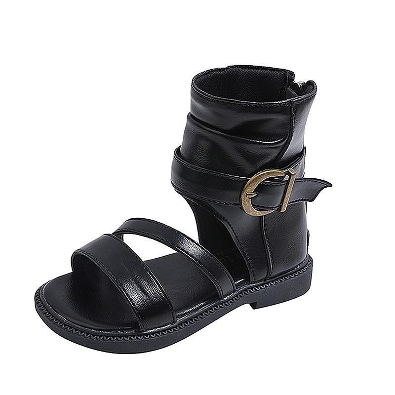 Girls Open Toe High Ankle Sandals Roman Style Princess Shoes Kids Ages 4-12 Rubber Sole Side Zip