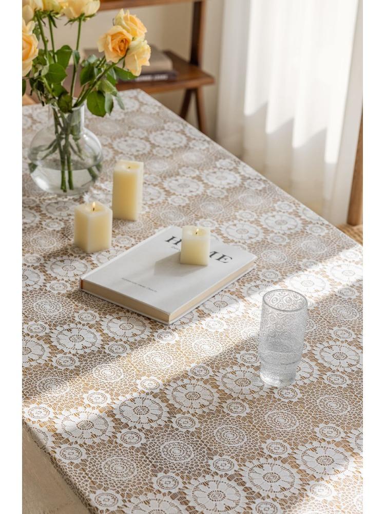 Vintage Heklet Duskelduk, Pastoral Stil Hullet Blonder, Firkantet Polyester Bordduk med Firkløver, Dekor til Bryllup