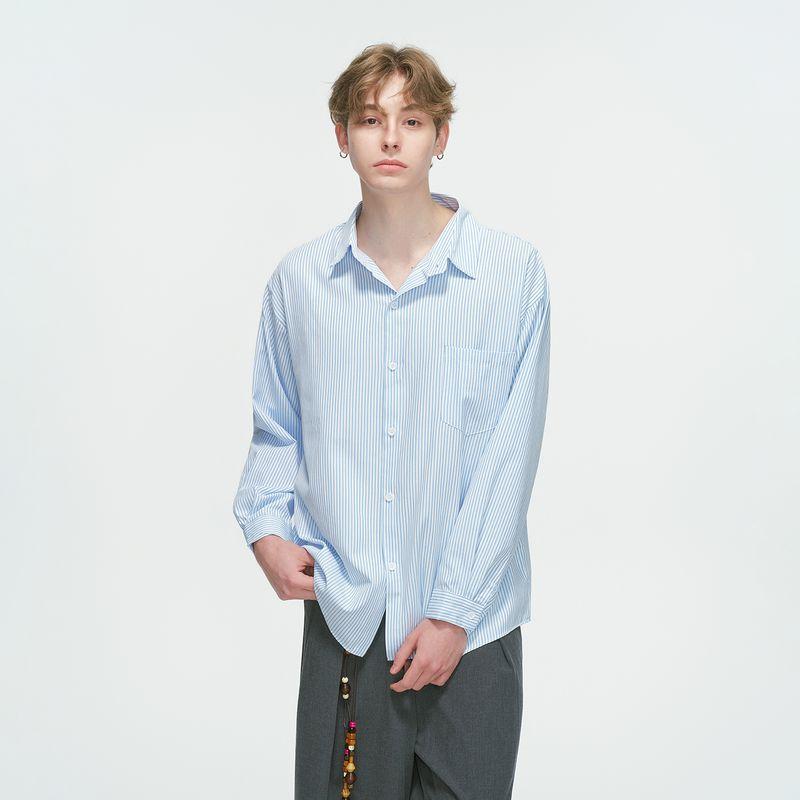 Dream Made American-Style Striped White Long-Sleeved Shirt for Men, Spring and Autumn Casual Workwear, Loose Inner Shirt