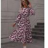 Cross-Border Spring & Fall New round Neck Leopard Print Print Shoelace Tight Waist A- line Lantern Long Sleeve Mid Length Long Length Dress Dress
