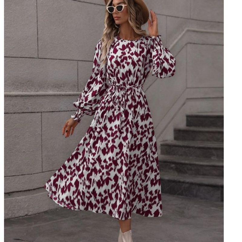 Cross-Border Spring & Fall New Round Neck Leopard Print Print Shoelace Tight Waist A- Line Lantern Long Sleeve Mid Length Long Length Dress Dress
